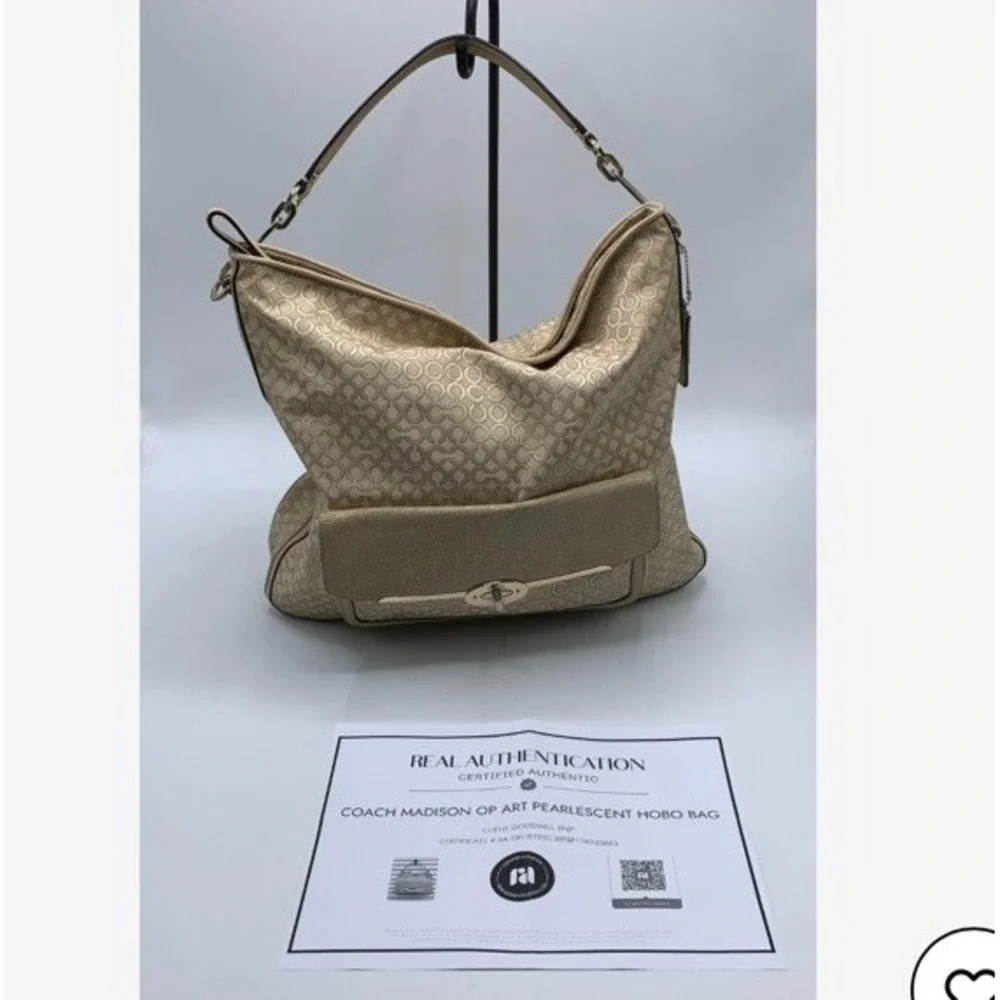 Coach Madison Signature OP Art 2 Way Beige Canvas Turnlock Zipper Shoulder Bag